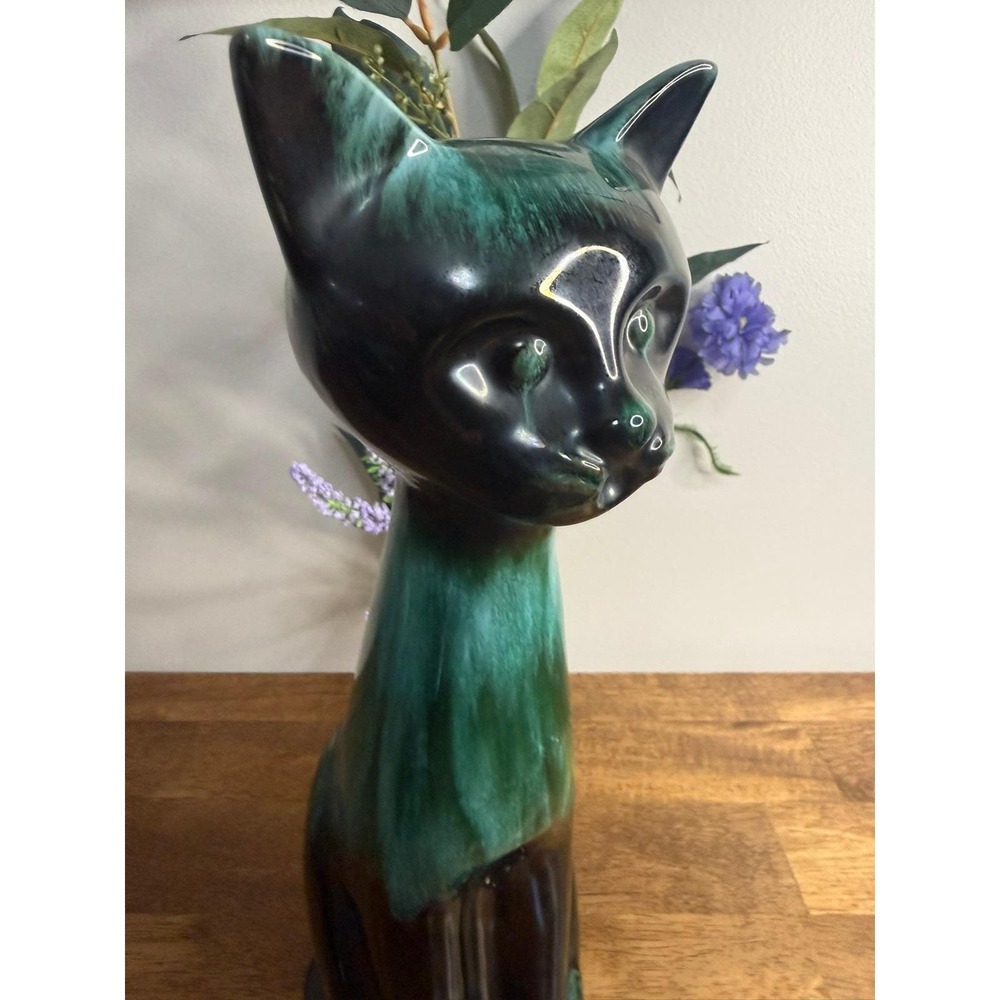 Blue Mountain Pottery Large Cat Figurine Green Black Drip Glaze MCM Canada